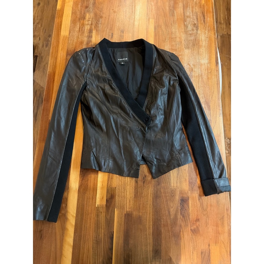 Trouve Womens Black Leather Wrap Jacket Knit Trim Blazer Small HL261164MI